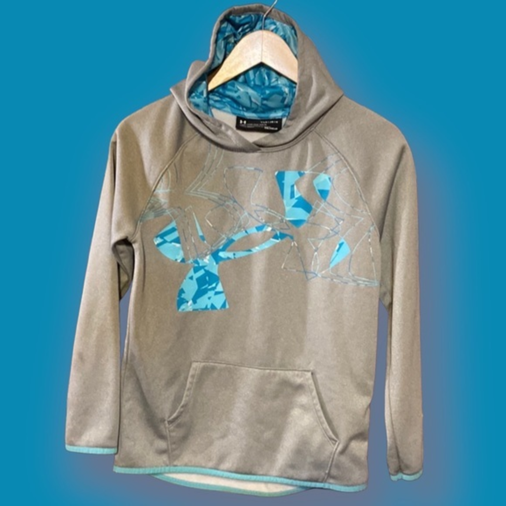 Under Armour Youth Large ColdGear Hoodie Gray Blue Logo Pullover Sweatshirt YLG
